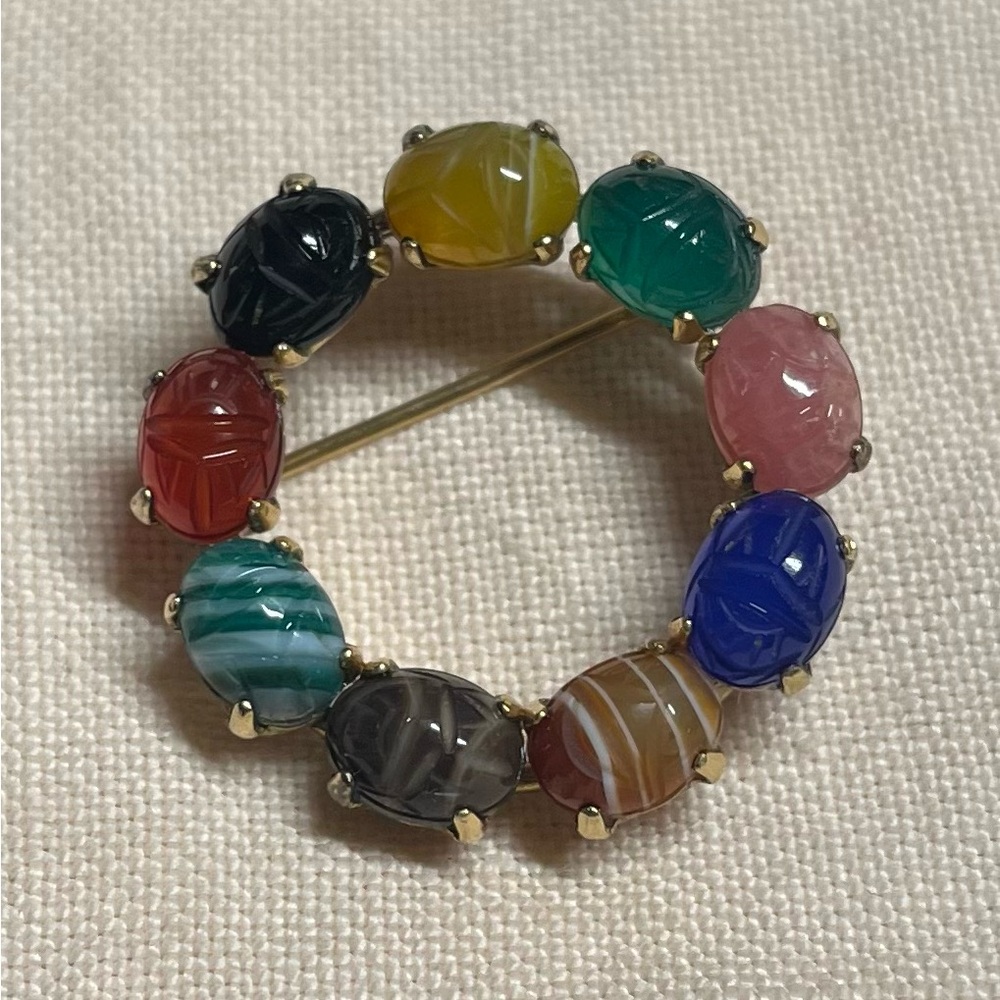 Vintage Scarab Carved Stone Bal-Ron Brooch 12k filled